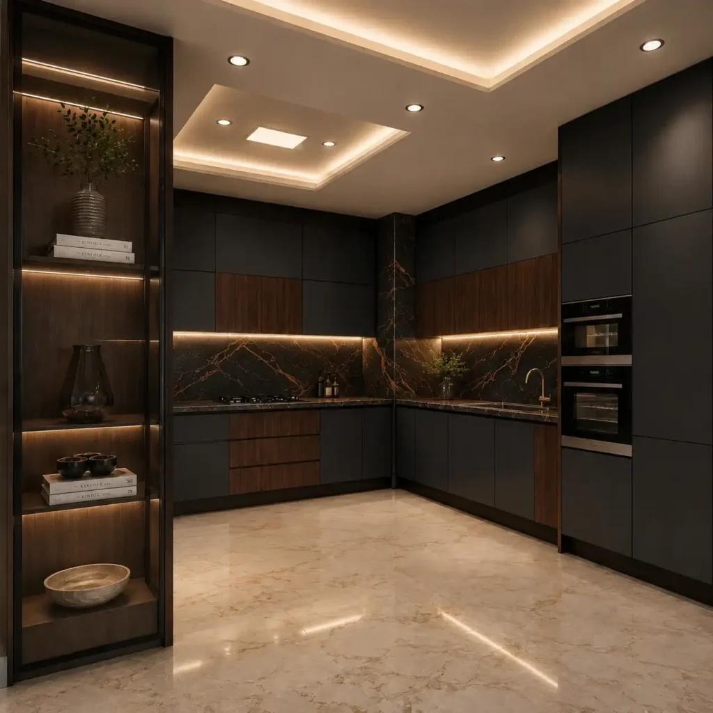 نمونه رنگبندی حرفهای کابینت آشپزخانه پردیس فاز 5 با نورپردازی مناسب